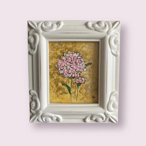 Original flower acrylic painting, abstract. Ornate White Frame  4x4.25 inches - Picture 3 of 11